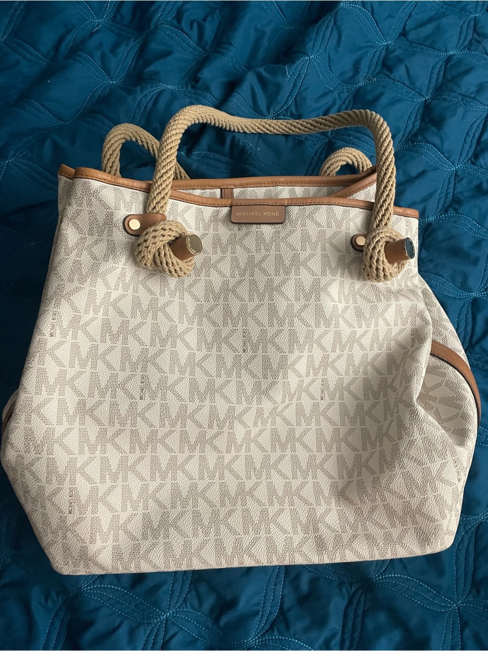 Michael Kors Cream and Tan MK Logo Rope-Handle Tote